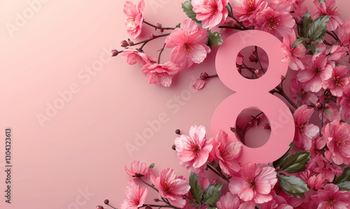 A pink background with a flowery border and a pink number 8 in the middle