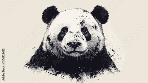Close-up stylized portrait of a panda bear rendered in monochrome. The image features a predominantly black and white color palette with subtle shading and textural elements suggesting ink