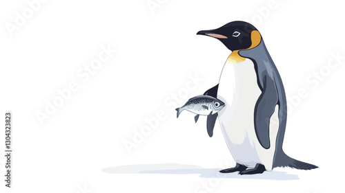 A digital illustration of a king penguin standing upright on a white background. The penguin is depicted in profile view, facing to the right. It holds a fish in its flipper.  The