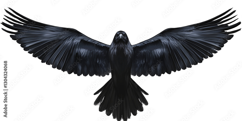 Obraz premium Black raven with spread wings flying isolated on transparent background.