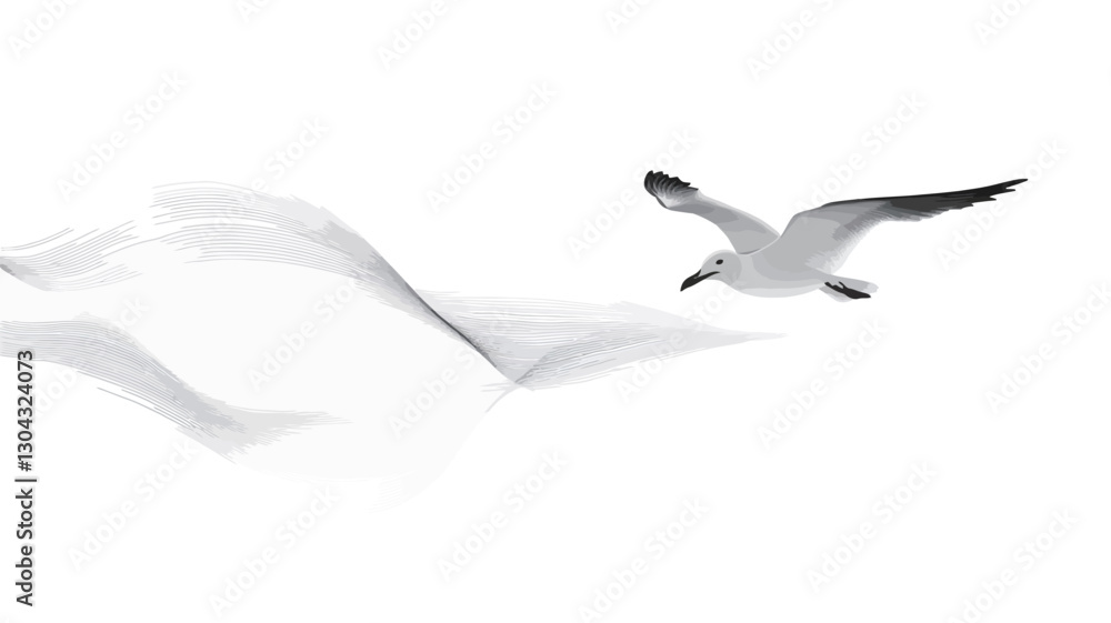 Obraz premium A monochrome photograph depicting a seagull in flight against a stark white background. The background features subtle, blurred, wave-like forms suggesting motion or wind. The seagull is