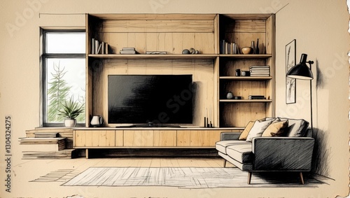 Living room interior sketch showing sofa near wooden shelves and TV screen, natural light from window and lamp illuminating scene