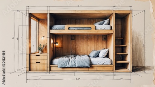 Bunk bed wooden sketch design. Two beds with pillows and blanket. Cabinet with drawers and shelf in bedroom project with floor plan size.