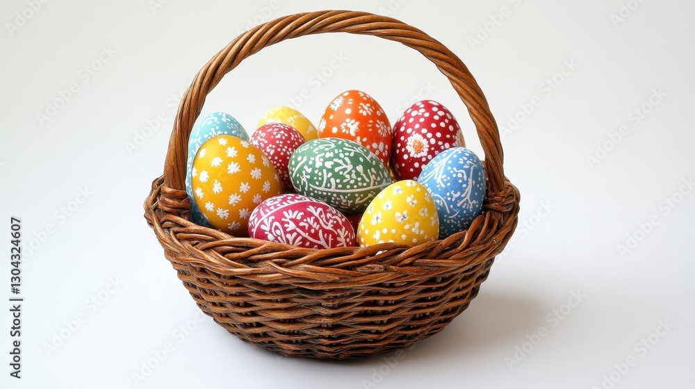 Naklejka premium A vibrant basket, brimming with a kaleidoscope of Easter eggs, their surfaces adorned with whimsical patterns and vibrant hues, against a stark white backdrop, symbolizing the joyous celebration of