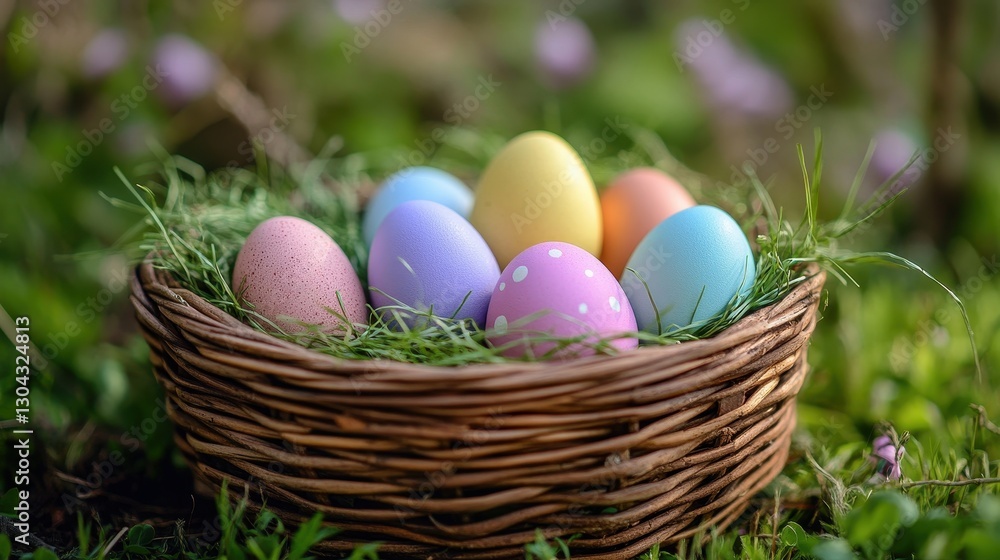 A basket brimming with pastel Easter eggs, each a vibrant jewel, nestled amongst the soft green of Easter grass. A basket brimming with pastel Easter eggs, each a vibrant jewel, nestled amongst the soft green of Easter grass.