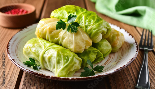 Salted cabbage rolls on wooden table. Delicious homemade dish, healthy meal. Close-up vegetarian cuisine. Rustic comfort food, gourmet stuffed cabbage.