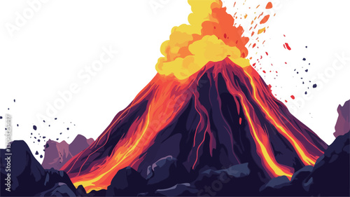 A stylized illustration depicting a volcanic eruption. The volcano is depicted as a dark, textured cone with bright orange and red lava flowing down its sides. A plume of bright yellow and