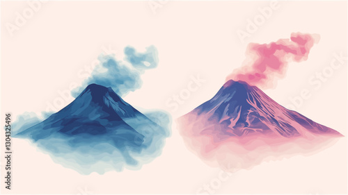 The image showcases a digital illustration depicting two stylized volcanic peaks.  The left peak is rendered in shades of blue, with light blue smoke emanating from its summit. The right
