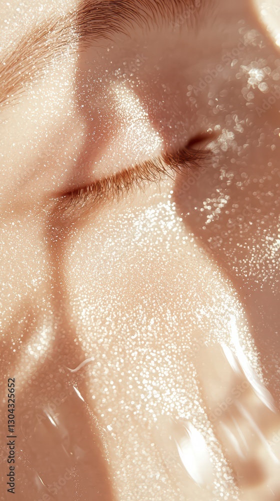Fototapeta premium Embracing Serenity: Close-up shot of a person's face, capturing a moment of peaceful contemplation and highlighting the textures of skin and light, and a touch of water