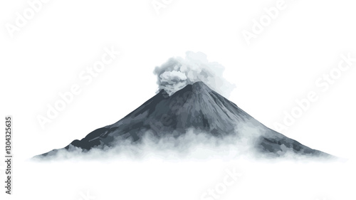 The image depicts a grayscale photograph of a volcano erupting.  The volcano is centrally positioned against a white background.  Smoke and ash plume from the crater, partially obscuring