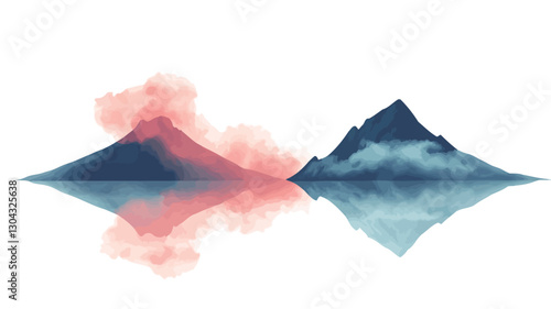 The image is a digital illustration or painting depicting two stylized mountains reflected in calm water. One mountain is predominantly blue with hints of white suggesting clouds or mist,