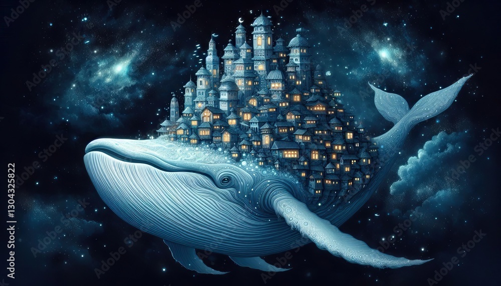 Fototapeta premium A celestial whale drifting through the night sky, carrying tiny floating villages on its back