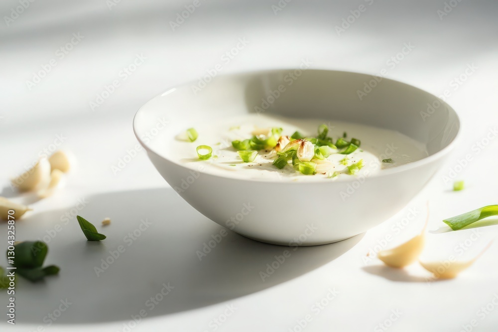Minimalistic Presentation of Cream Cheese with Green Onions and Roasted Garlic: Elegant, Clean Lines, and Lush Textures with Soft Natural Lighting Minimalistic Presentation of Cream Cheese with Green Onions and Roasted Garlic: Elegant, Clean Lines, and Lush Textures with Soft Natural Lighting