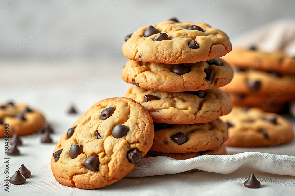 Photograph of a Stack of Warm, Freshly Baked Chocolate Chip Cookies on a Soft Background, Perfectly Baked for a Comforting and Indulgent Treat – dessert stock-image Photograph of a Stack of Warm, Freshly Baked Chocolate Chip Cookies on a Soft Background, Perfectly Baked for a Comforting and Indulgent Treat – dessert stock-image