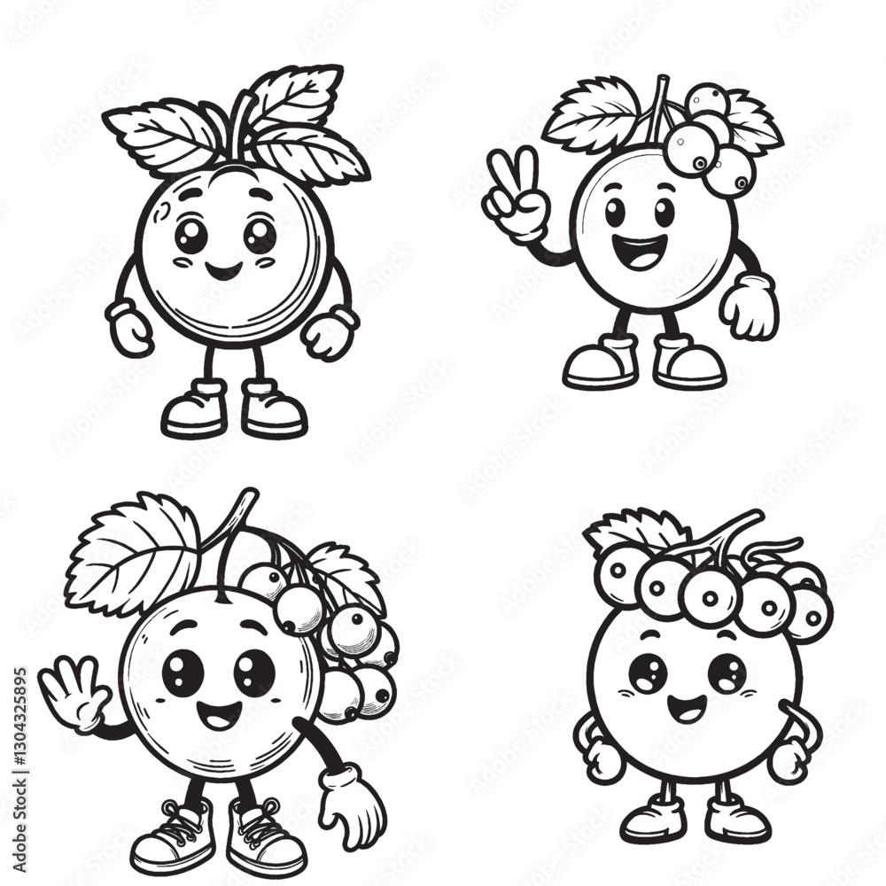 High-Quality Cute Cartoonic Currant Character Outline Vector Illustrations High-Quality Cute Cartoonic Currant Character Outline Vector Illustrations