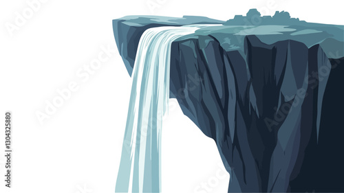 A digital illustration depicting a stylized waterfall cascading from a dark gray, textured cliff face against a pure white background. The waterfall is rendered with smooth, vertical lines