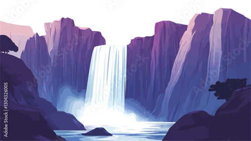 Digital illustration depicting a waterfall cascading down purple-hued cliffs. The style is painterly, with visible brushstrokes and a blend of dark and light purple tones in the mountains.
