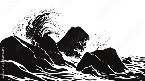 A stylized black and white illustration depicting a large wave crashing against a rocky shoreline. The image is high contrast, with solid black representing the rocks and the darker parts