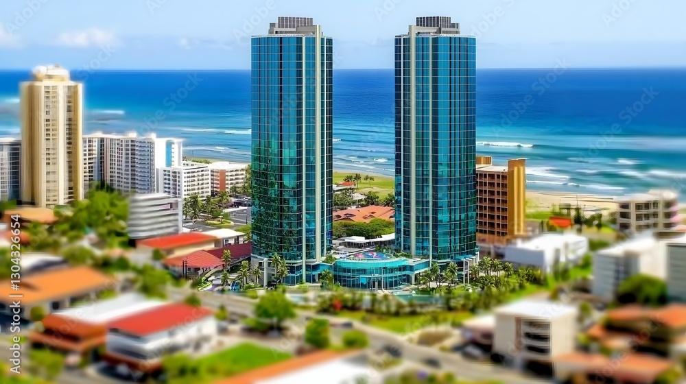 Aerial View of Modern Glass Towers Overlooking the Ocean in a Coastal City Aerial View of Modern Glass Towers Overlooking the Ocean in a Coastal City