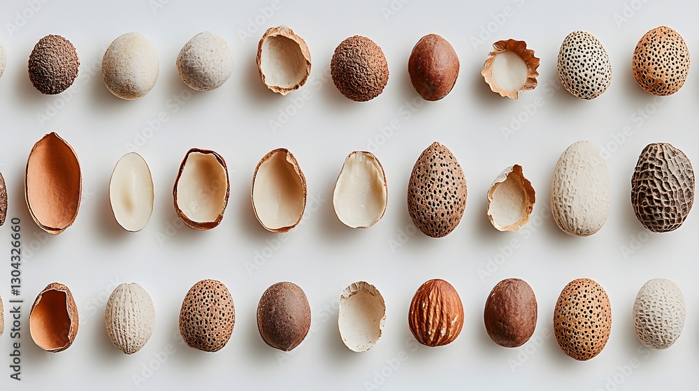 Collection of Various Natural Eggshells on a Textured Background Displaying Unique Patterns and Colors Collection of Various Natural Eggshells on a Textured Background Displaying Unique Patterns and Colors