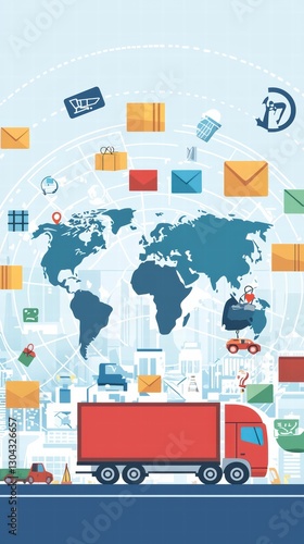 Global Shipping and Logistics: A dynamic illustration capturing the essence of global shipping and logistics, featuring a stylized world map overlaid with parcels, envelopes, and delivery vehicles.
