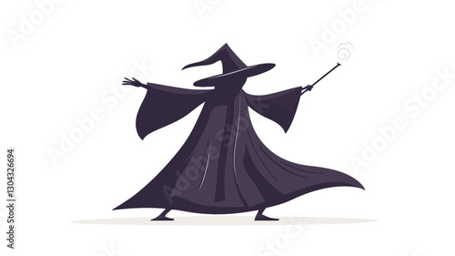 A vector illustration of a cartoon wizard. The wizard is depicted in a stylized manner, with a dark purple robe, large pointed hat, and is holding a wand. The figure is presented against a