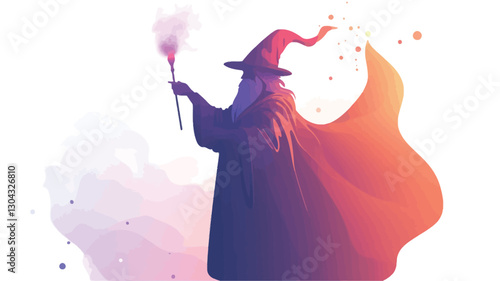 Digital illustration of a witch-like figure in a flowing red and purple cape. She holds a glowing pink wand emitting smoke. The background features soft, pastel-colored smoke and subtle