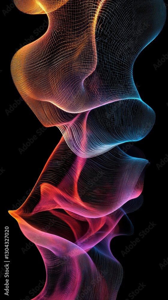 Naklejka premium Abstract Colorful Wave: A mesmerizing display of fluid, multi-colored waves, rendered with intricate detail against a dark background, creating a sense of movement and energy.