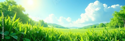 Lush green vegetation under sunny sky, tranquil outdoor scene, sunny, Nature