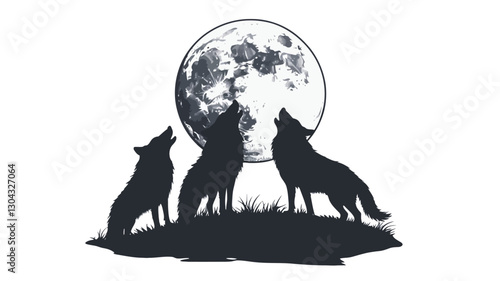 The image is a stylized illustration depicting three wolf silhouettes howling at a large, full moon. The wolves are rendered in dark gray or black, with minimal detail, against a white