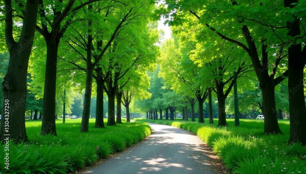 Lush green trees and winding paths in urban nature park, city, paths, greenery Lush green trees and winding paths in urban nature park, city, paths, greenery