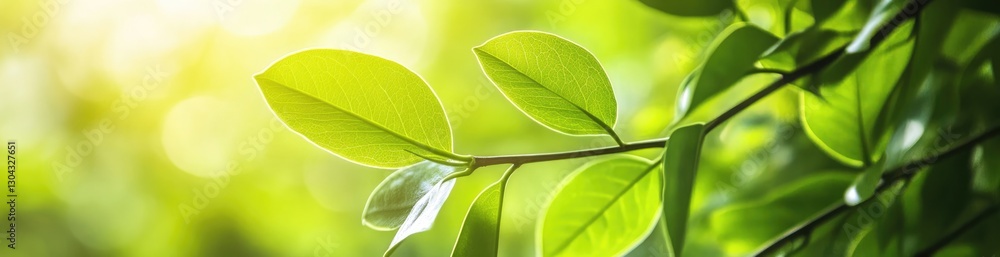 Fototapeta premium Leafy Serenity: A close-up shot of vibrant green leaves basks in the soft glow of sunlight, evoking feelings of freshness and the serene beauty of nature.