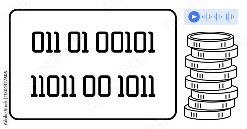 Binary numbers on a screen, audio waveform, and stack of coins. Ideal for technology, cryptocurrency, programming, fintech, coding blockchain and data visualization. Flat simple metaphor