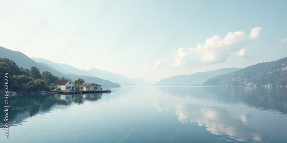 Serene Lakeside Houses Mirrored in Calm Water, Enveloped by Misty Mountains Under a Peaceful Sky Serene Lakeside Houses Mirrored in Calm Water, Enveloped by Misty Mountains Under a Peaceful Sky