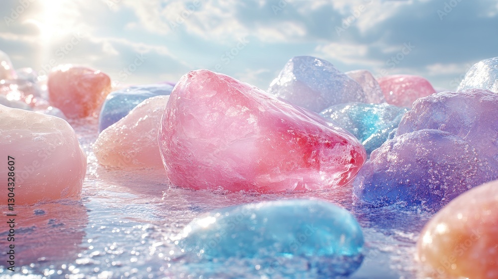 Fototapeta premium A vibrant tapestry of polished stones, pink, blue, and white, lay nestled under a sky dotted with ethereal wisps of cotton candy, a scene straight out of a fairytale.