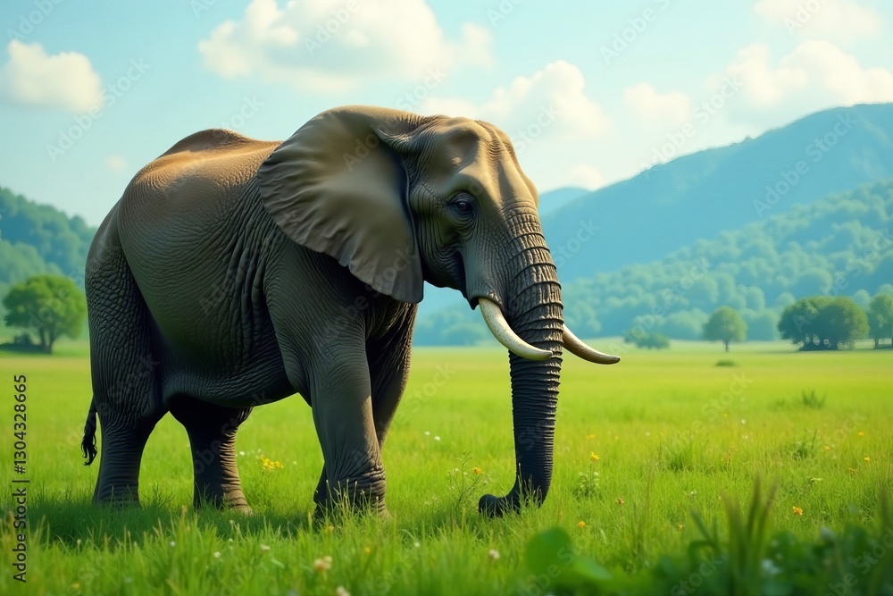 Fototapeta premium Majestic elephant in lush green landscape with copy space for World Elephant Day promotion, nature, wildlife, protection