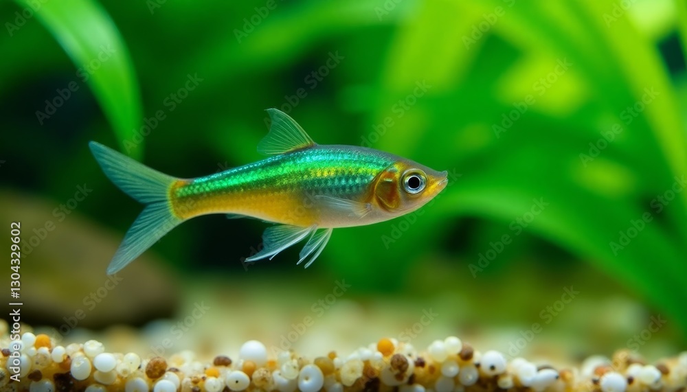 Fototapeta premium Green neon tetra fish swimming in freshwater aquarium. Pet care, aquarium hobbyist content, and nature-themed projects.