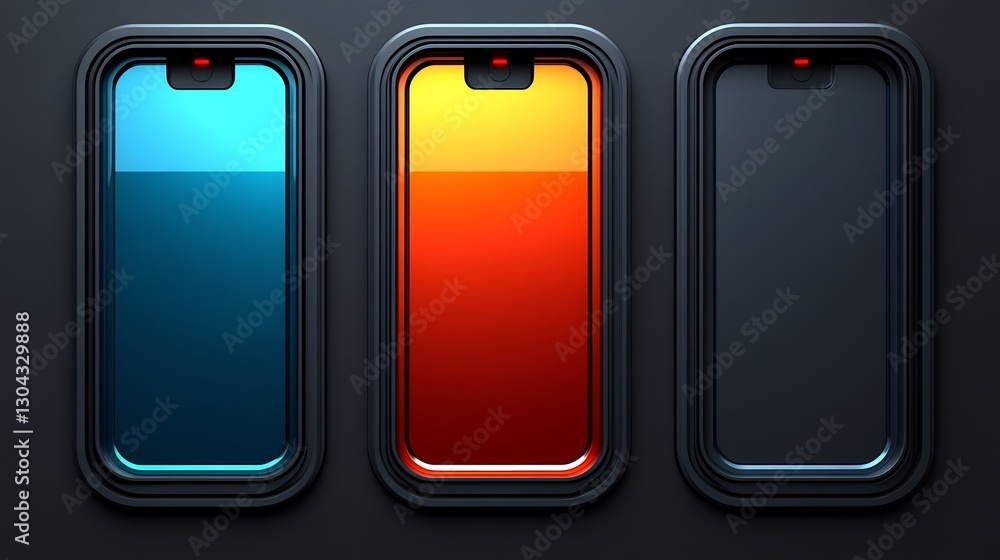 Sleek modern phones showcase vibrant color gradients against dark background. AI Generated Sleek modern phones showcase vibrant color gradients against dark background. AI Generated