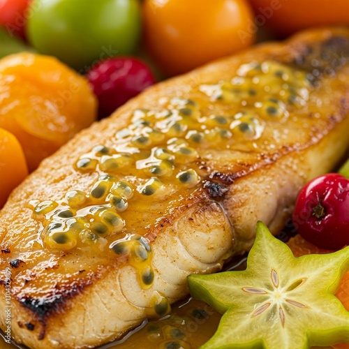 vibrant close-up of a grilled Paiche fish fillet, served with exotic Amazonian fruits and a passionfruit glaze.
