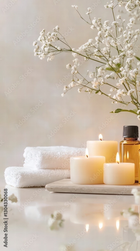 Tranquil Spa Day: A serene spa setup, featuring glowing candles, towels, essential oil bottles, and delicate flowers arranged for a peaceful ambiance.