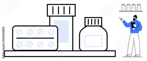 Pill blister pack, medicine bottles on a shelf with a pharmacist reviewing inventory. Ideal for healthcare, pharmacy, medicine, drug supply, inventory management, safety education. Flat simple