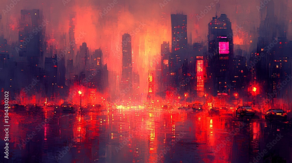 Fototapeta premium Fiery city skyline reflects in rain-slicked streets glowing red and pink at night. AI Generated