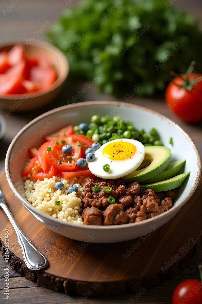 Vegetarian Buddha Bowl with Eggs, Rice, Tomato, Avocado, and Blue Cheese Vegetarian Buddha Bowl with Eggs, Rice, Tomato, Avocado, and Blue Cheese