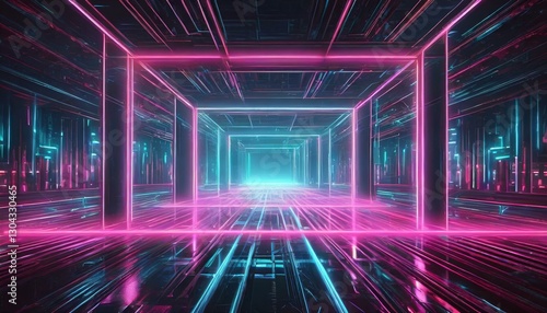 Neon Frame on Dark Background. A black background with glowing blue and pink neon rectangles forming a futuristic frame for text