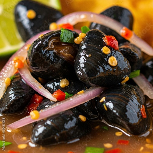 An extreme close-up of ceviche de conchas negras (black clam ceviche), showing the dark, glossy shellfish mixed with vibrant chili and lime juice.