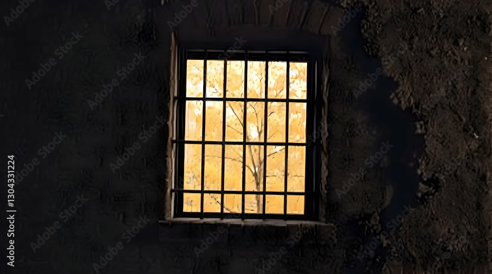 Barred window with warm light shining through in a dark, textured wall, creating a dramatic and evocative scene. Barred window with warm light shining through in a dark, textured wall, creating a dramatic and evocative scene.