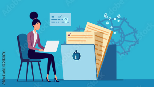Businesswoman Securing Confidential Data by Locking Folder with Advanced Security System for Information Safety