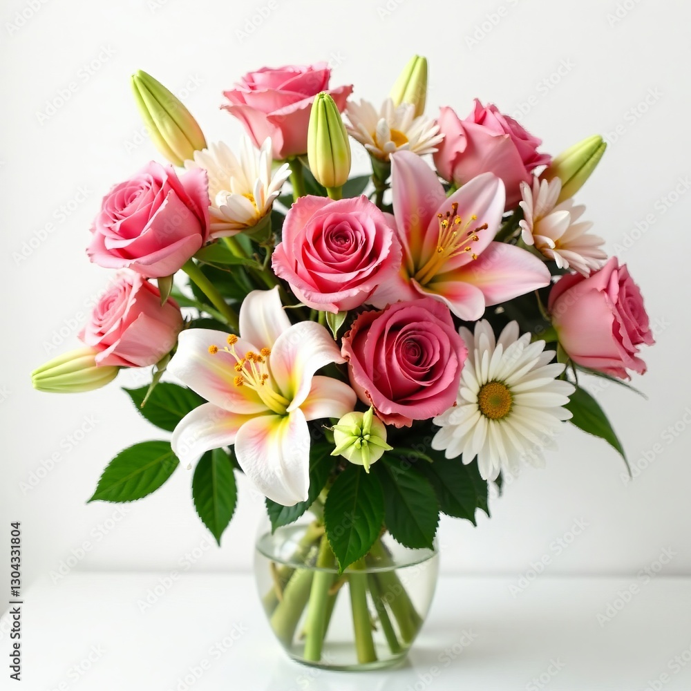 Lush bouquet of roses, lilies, and daisies against a white backdrop, botany, flora, garden Lush bouquet of roses, lilies, and daisies against a white backdrop, botany, flora, garden