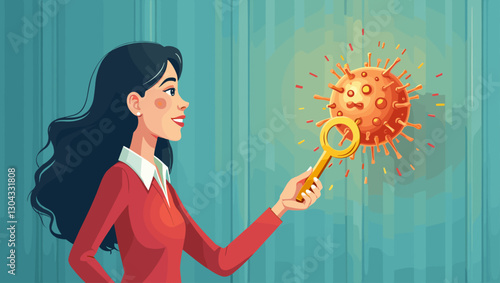 Businesswoman Unlocking Opportunities in Post-COVID Era with Golden Key Symbolizing Reopening and Adaptation