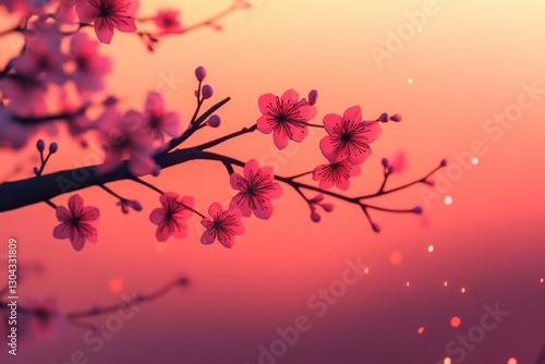Beautiful Cherry Blossom Branch with Soft Pink Flowers Against a Dreamy Sunset Background